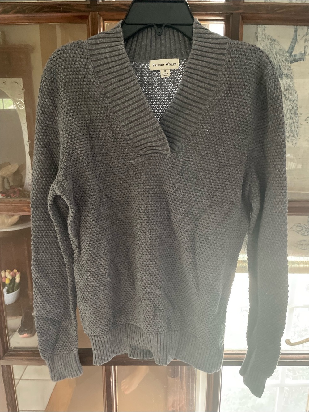 Studio Works Men's Charcoal Gray V-Neck Textured Knit Sweater